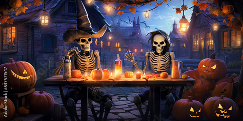 illustration of couple skeletons which sitting at festive Halloween table