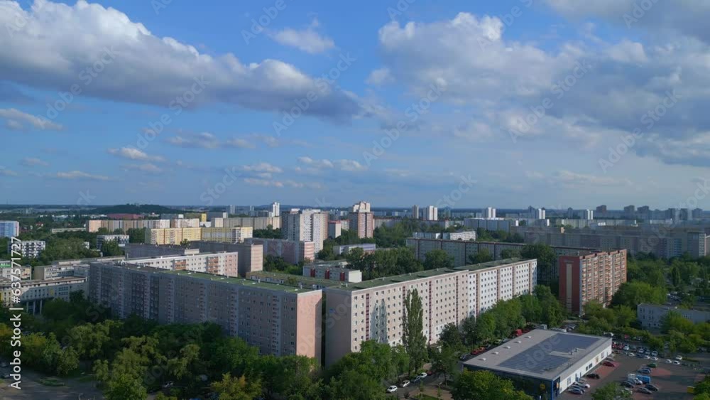 Dramatic aerial view flight drone Berlin Marzahn panel system building housing Dramatic aerial view flight drone Berlin Marzahn panel system building housing