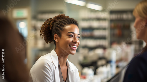 Attentive pharmacy employee assist customers. Image of employee professionalism and dedication in providing healthcare solutions. Pharmacist happy with the function.