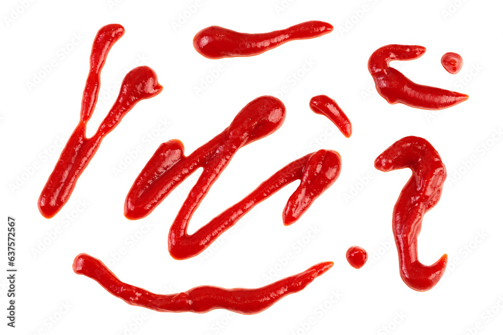 Red tomato sauce or ketchup isolated on white background. Top view. Flat lay. Set or collection Red tomato sauce or ketchup isolated on white background. Top view. Flat lay. Set or collection