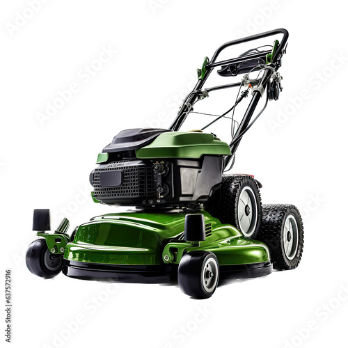 a Green lawnmower in a garden and landscaping-themed, photorealistic illustration in a transparent PNG, cutout, and isolated. Generative ai