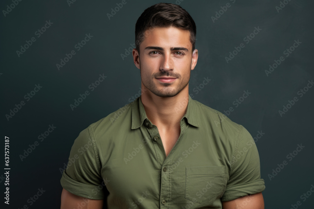 Captivating portrait of a handsome man confidently posed in a green shirt against a sleek grey background. Exudes a sense of suave elegance and charm.