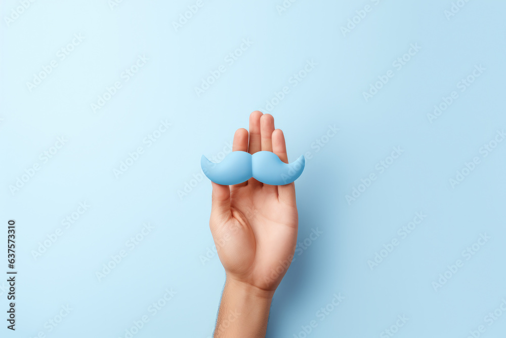An intriguing image featuring a woman's hand holding a blue mustache against a blue background. This unique concept symbolizes awareness and support for men's health issues.