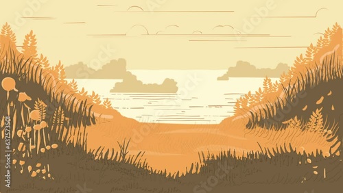 Looped Vector Nature Animation with Lake View Amidst Greenery. (ID: 637573501)
