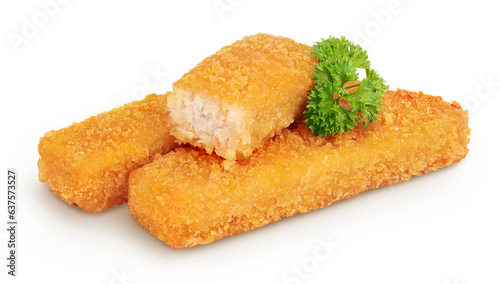 Fish finger or stick with parsley isolated on white background with full depth of field