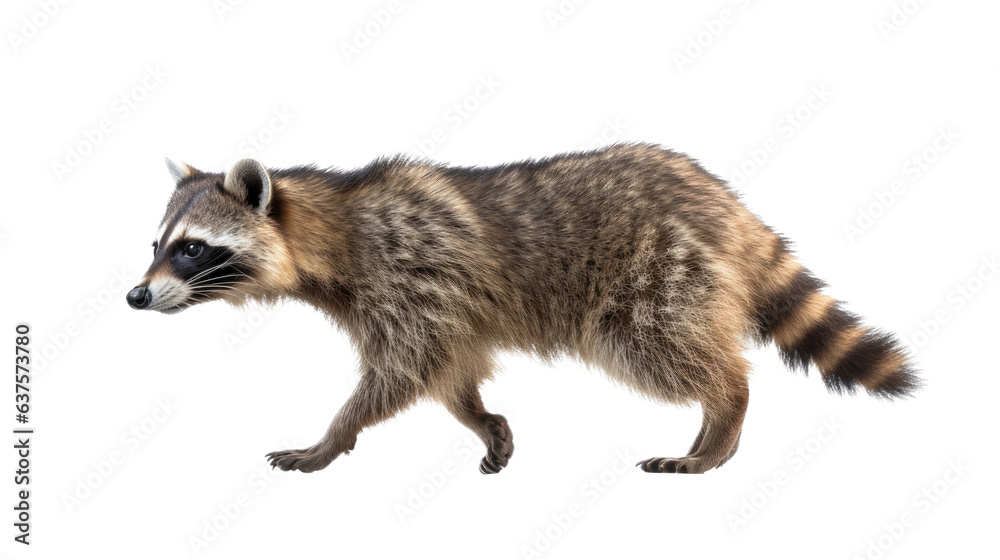a raccoon walking/running, side view in a Nature-themed, illustration in a PNG, cutout, and isolated. Generative AI - obrazy, fototapety, plakaty 