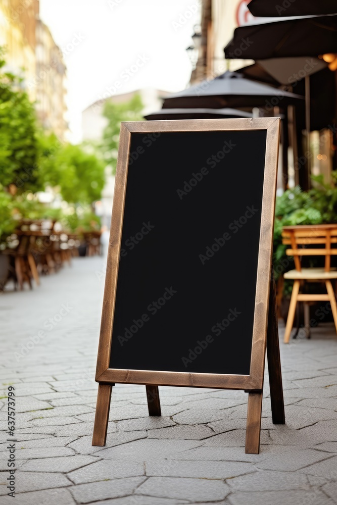Blank restaurant shop sign or menu boards near the entrance to restaurant. Cafe menu on the street. Generative AI