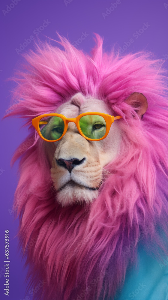 Male lion in pink colors and sunglasses. Concept of trendy anthropomorphism. 