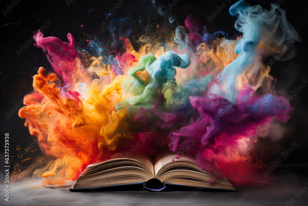 Colorful powder of paint explodes from the old book. Concept of imagination and creativity.  - obrazy, fototapety, plakaty 