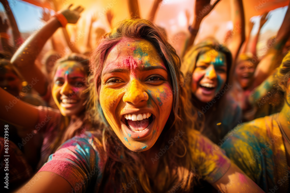 Close up of beautiful girls celebrating Holi festival of colors in India. The arrival of spring, the victory of good, happiness. Close up of beautiful girls celebrating Holi festival of colors in India. The arrival of spring, the victory of good, happiness.