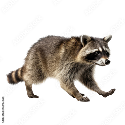 a Racoon, full body, walking, side 3/4 view, in a PNG, in a Nature-themed, isolated, and transparent photorealistic illustration. Generative ai