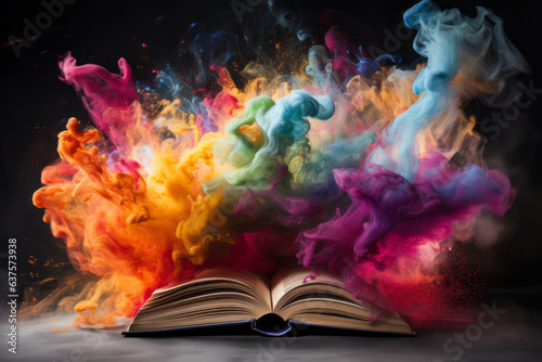 Colorful powder of paint explodes from the old book. Concept of imagination and creativity. 