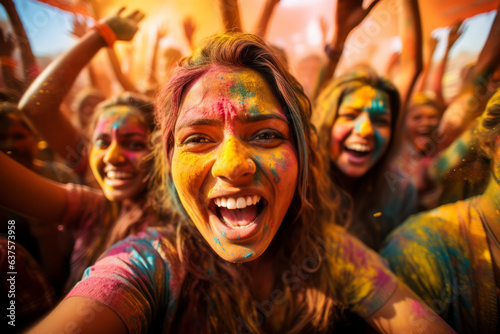 Close up of beautiful girls celebrating Holi festival of colors in India. The arrival of spring, the victory of good, happiness. 