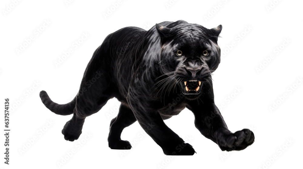 Obraz premium a Black Jaguar, forward aggressive action, full body, 3/4 view, in a Nature-themed, illustration in a PNG, cutout, and isolated. Generative AI