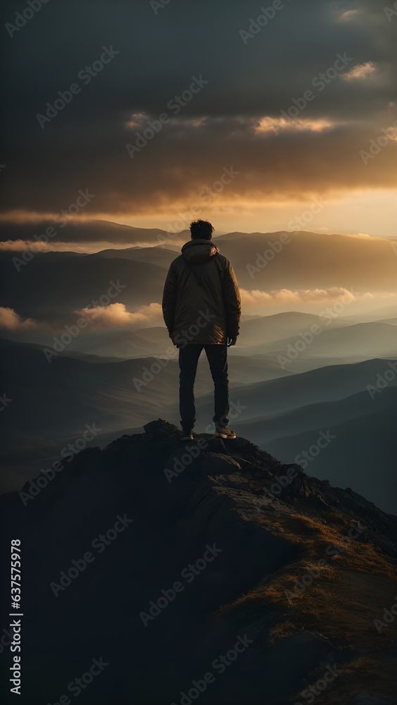 silhouette of a person standing on the top of the mountain