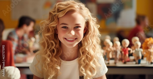 A young girl smiling in front of a table full of dolls. Generative AI.