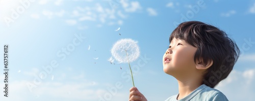 A young boy blowing a dandelion in the air. Generative AI.