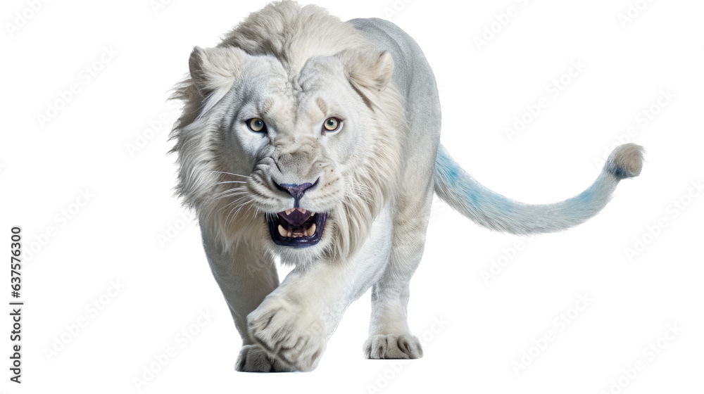 Obraz premium a White Lion in-motion, front view, in an isolated and transparent PNG in an Endangered Wildlife-themed, photorealistic illustration. Generative ai