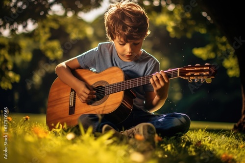 A young boy sitting in the grass playing a guitar. Generative AI.