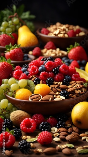 Selection of healthy food. Various fruits, berries, nuts and seeds
