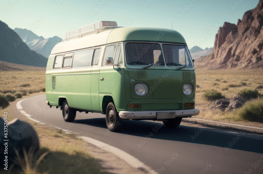 Illustration of a green camper van on a road with beautiful mountain backdrops.generative AI