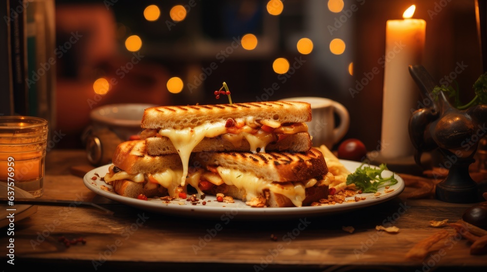 A grilled cheese sandwich is sitting on a plate. Generative AI. A grilled cheese sandwich is sitting on a plate. Generative AI.