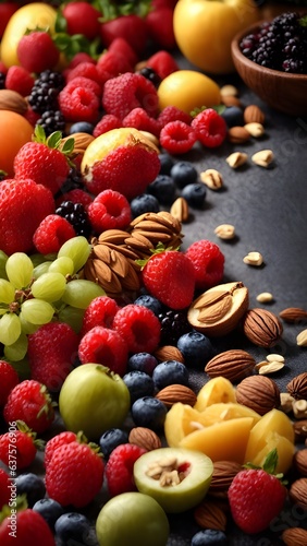 Selection of healthy food. Various fruits  berries  nuts and seeds