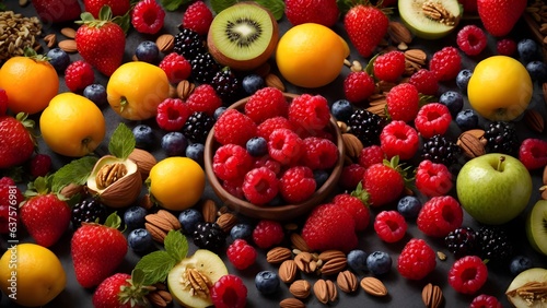 Selection of healthy food. Various fruits  berries  nuts and seeds