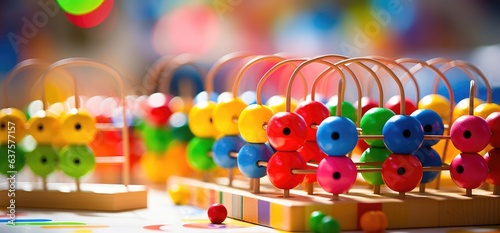 A row of colorful wooden toys on a table. Generative AI.