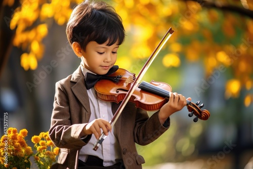 A young boy playing a violin in a park. Generative AI. photo