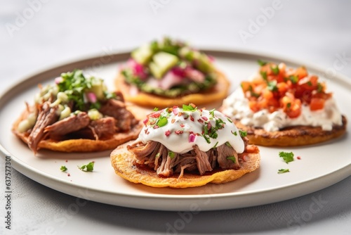 mini tostadas with beef on a wooden board. Mesican, Latin American cuisine