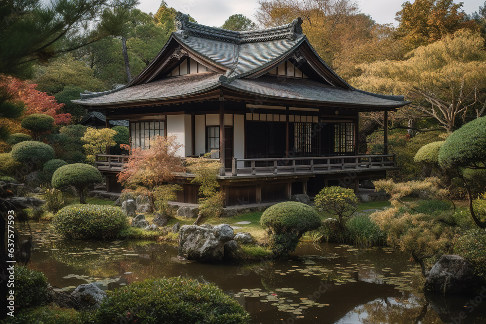 Japanese House with a Japanese Garden. Generative AI Japanese House with a Japanese Garden. Generative AI