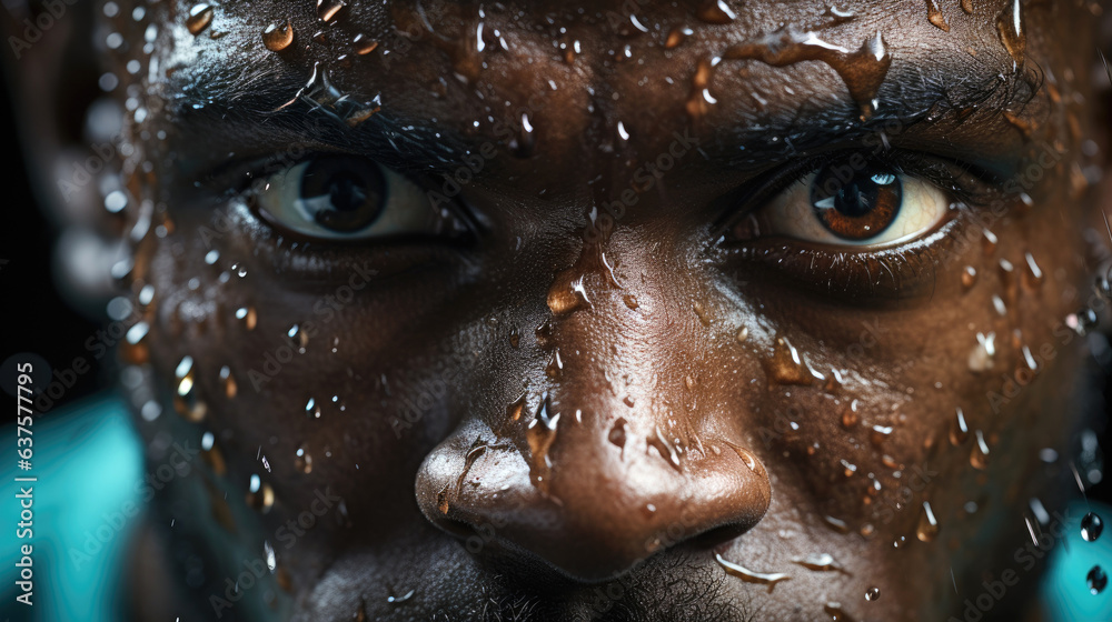 An extreme close up photo of a professional athlete with intense focus in his eyes and sweat pouring down his face. Generative AI An extreme close up photo of a professional athlete with intense focus in his eyes and sweat pouring down his face. Generative AI