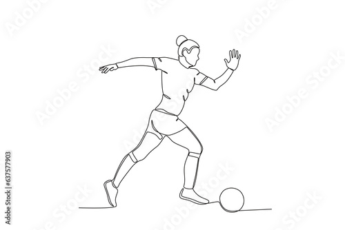 A woman takes the position of kicking the ball. Women's world cup one-line drawing © stlineart