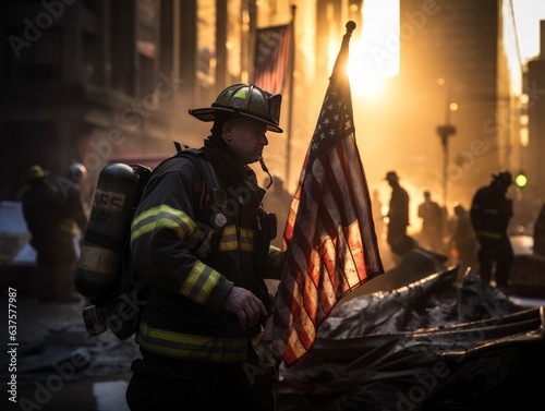 Solemn firefighters raising the American flag at Ground Zero, captured during golden hour