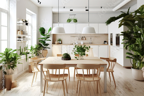 Scandinavian kitchen with wooden and white details. Minimalist interior design. Generative AI photo
