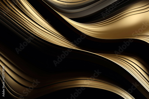 Glossy black and golden wavy texture. Glowing wallpaper with abstract shapes. Background with curvy shapes. Generative AI