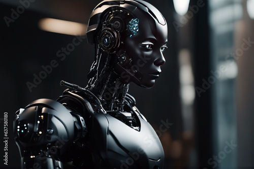 AI Development – Sad Looking Black Female Android Robot, created with Generative AI technology