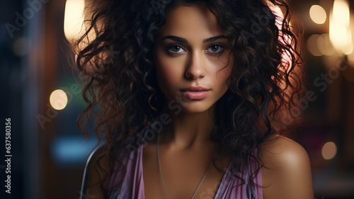 young sexy woman with long curly hair in black clothes