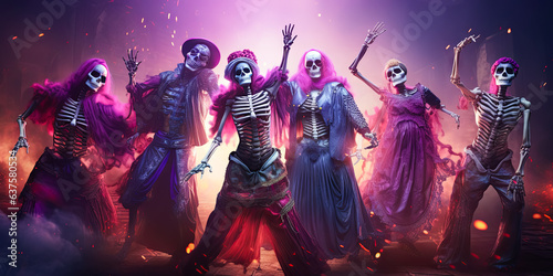 illustration of skeletons which dancing on Halloween party