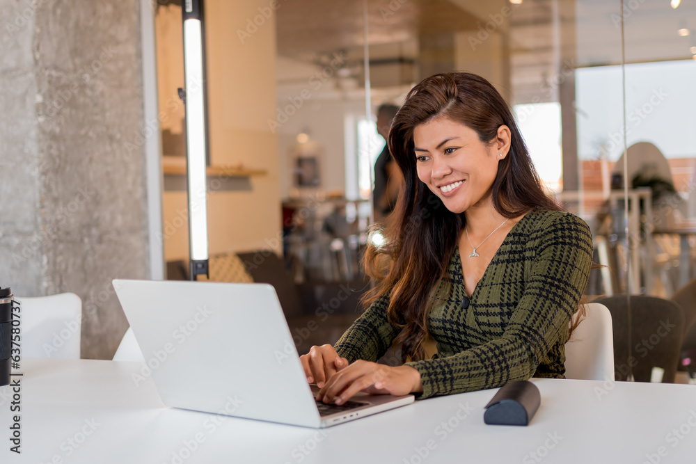 Cheerful business lady working on netbook in office Cheerful business lady working on netbook in office