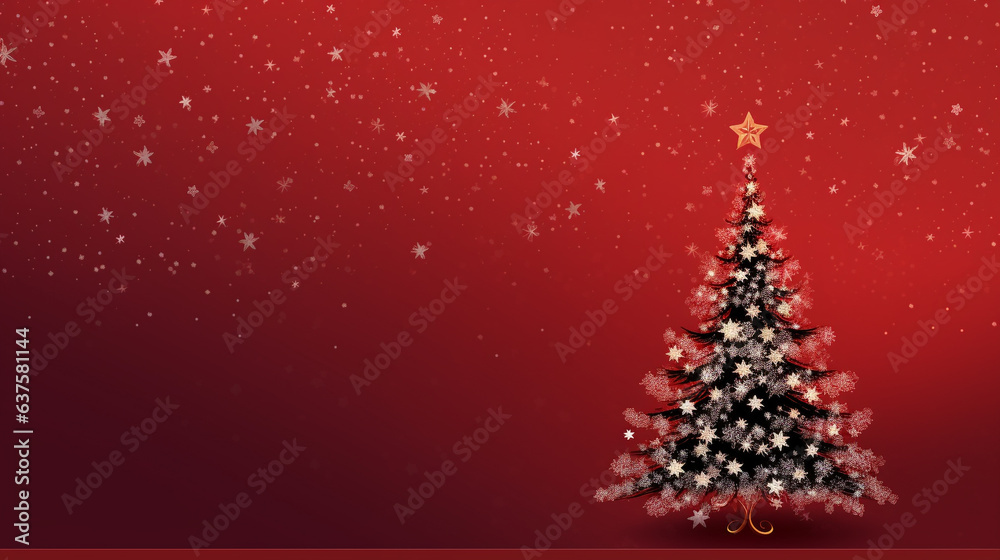 lighted isolated christmas tree in idyllic red snowy landscape, greeting card banner concept with copy space for december holiday season, christmas background lighted isolated christmas tree in idyllic red snowy landscape, greeting card banner concept with copy space for december holiday season, christmas background