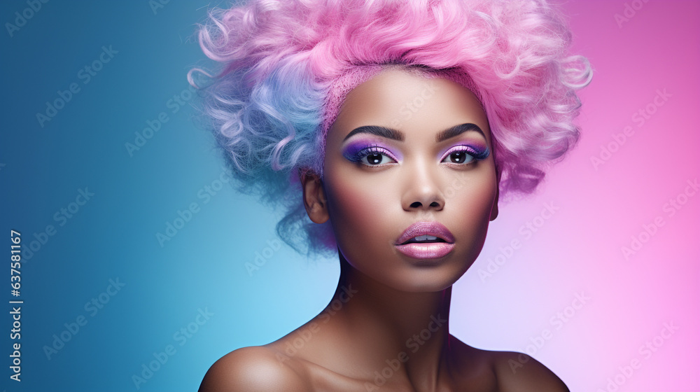 Portrait of beautiful model with pink blue hair for an advertisement for cosmetics brand. Trend for individuality and freedom to do what you want with your appearance. Portrait of beautiful model with pink blue hair for an advertisement for cosmetics brand. Trend for individuality and freedom to do what you want with your appearance.
