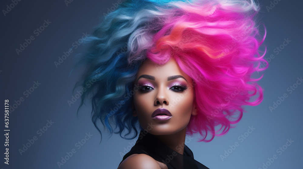 Portrait of beautiful model with pink blue hair for an advertisement for cosmetics brand. Trend for individuality and freedom to do what you want with your appearance.