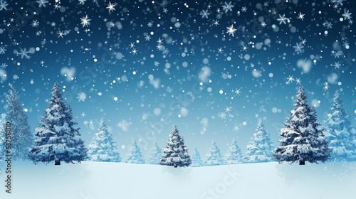 lighted isolated christmas tree in idyllic blue snowy landscape, greeting card banner concept with copy space for december holiday season, christmas background