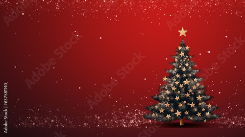 lighted isolated christmas tree in idyllic red snowy landscape, greeting card banner concept with copy space for december holiday season, christmas background