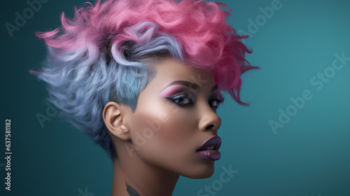 Portrait of beautiful model with pink blue hair for an advertisement for cosmetics brand. Trend for individuality and freedom to do what you want with your appearance.
