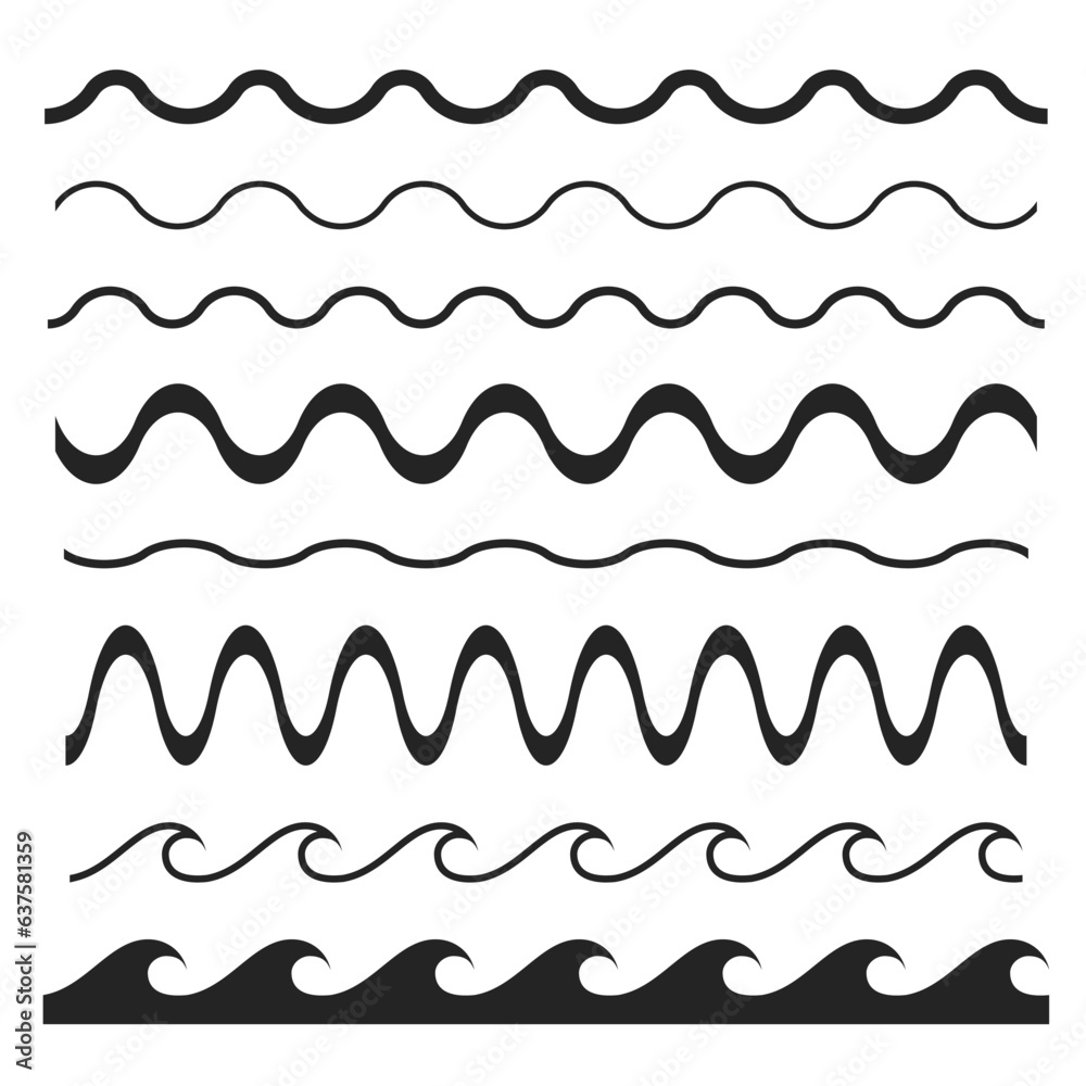 Wave,collection of variant types of wavy lines, vector curved lines illustration of sea waves