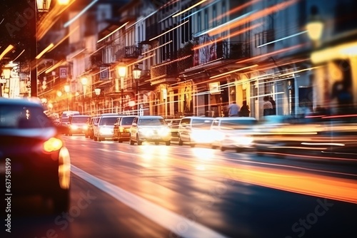 blurred urban traffic in an old city with colorful lights