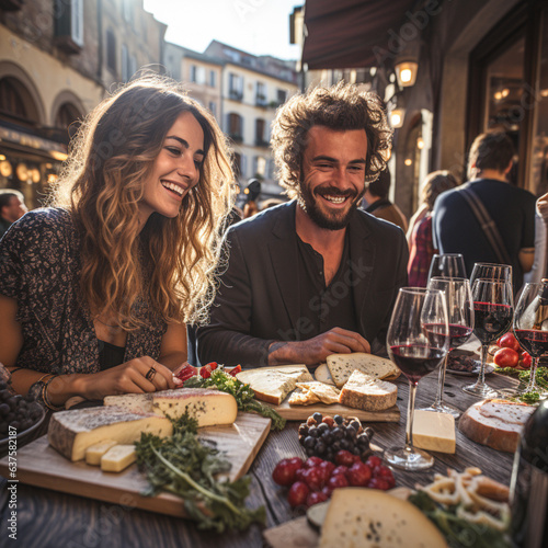Young people eat a rustic meal in a historic old town in Tuscany  ai generated